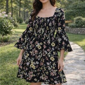 Almost Famous Black Floral Smocked Dress Tiered Bell Sleeve Boho Jr L